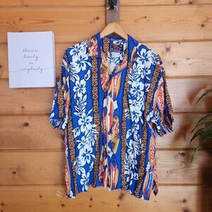 Basix Hawaiian Shirt Vintage Floral Stripes Surfing Button Down Classic Sz Large